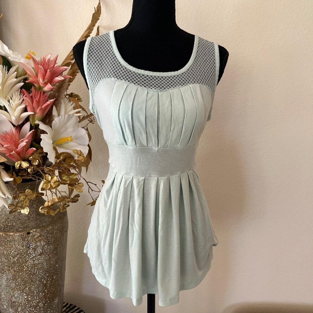 Venus European Mint Green Pleated Babydoll Top with Lace L - Picture 1 of 8